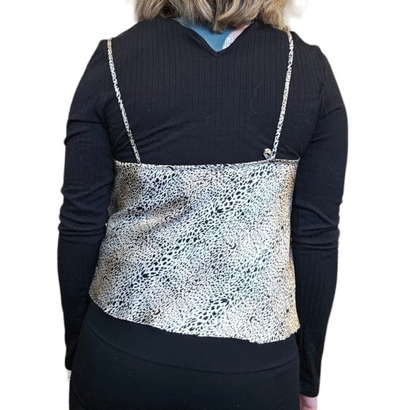 90s Medium Satin Leopard Print Cami‎ Tank Black Suede Fringe Cream Champagne - Picture 4 of 11